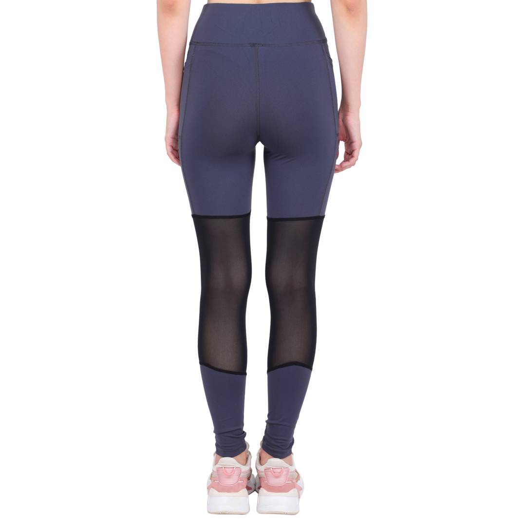 Ankle Length Workout & Active Sports Fitness Tights with Black Net Detailing For Women (Dark Grey & Black)