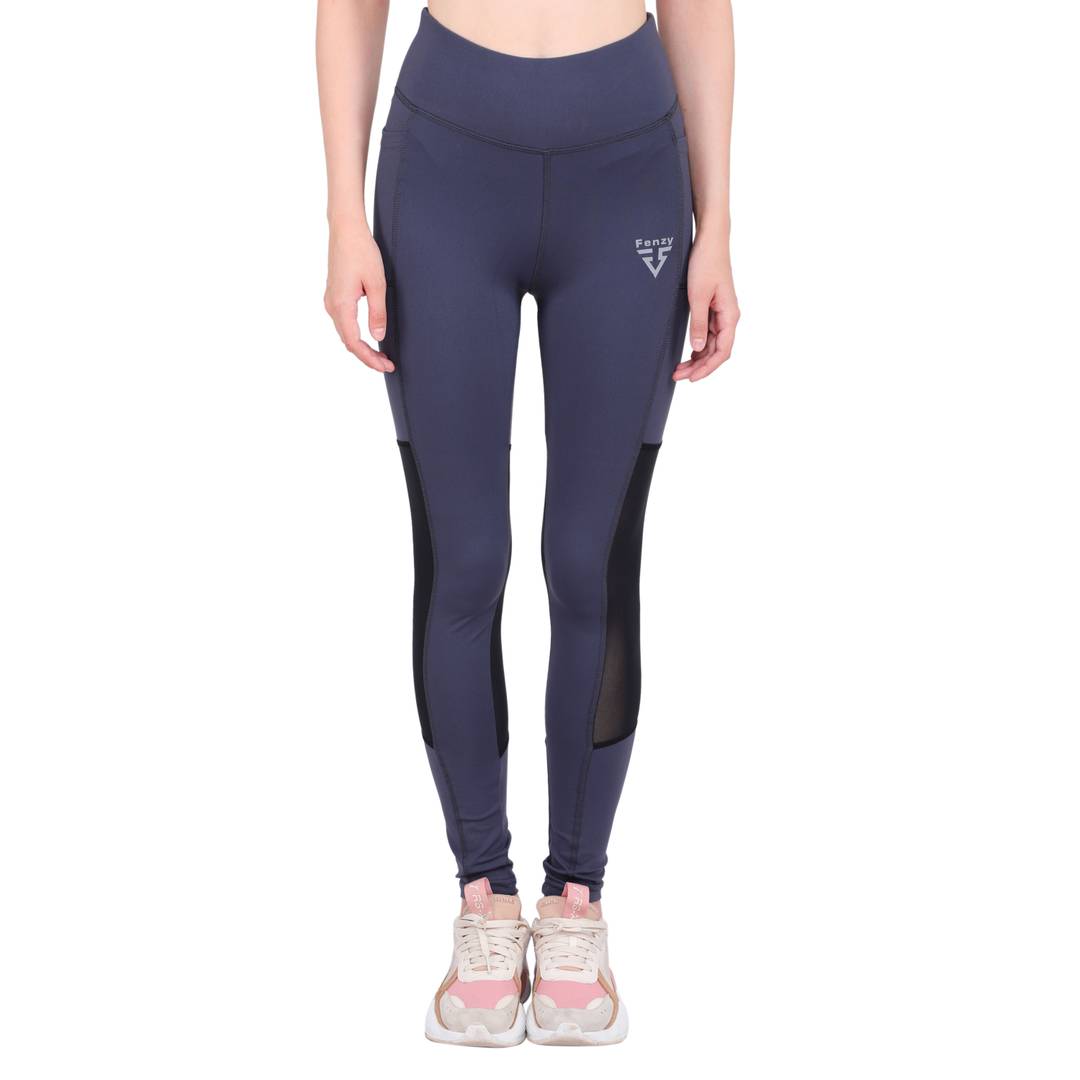 Ankle Length Workout & Active Sports Fitness Tights with Black Net Detailing For Women (Dark Grey & Black)