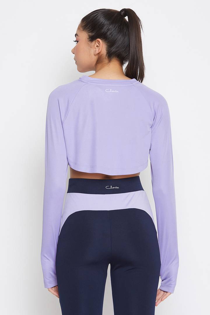 Stylish Polyester Spandex Purple Long Sleeve Sport Crop Top For Women