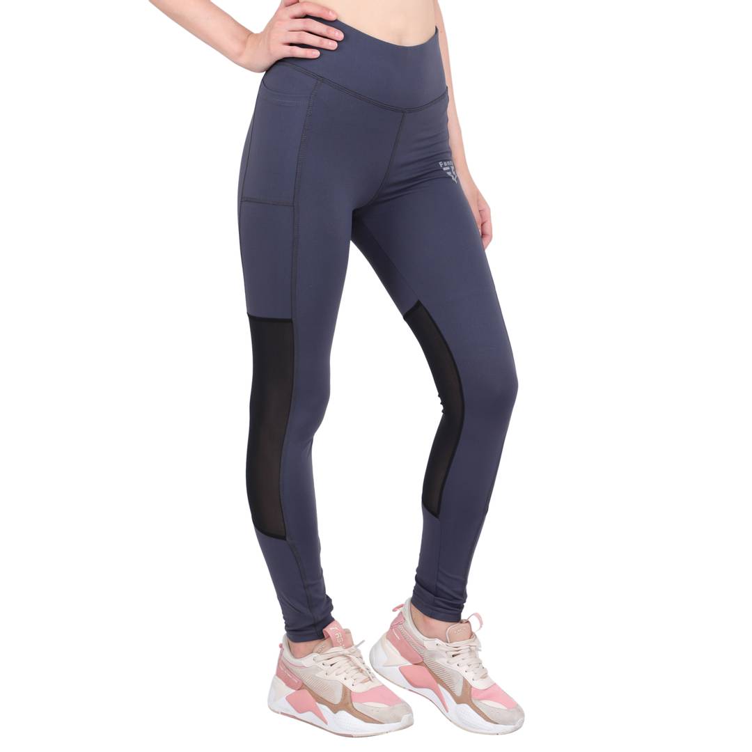 Ankle Length Workout & Active Sports Fitness Tights with Black Net Detailing For Women (Dark Grey & Black)