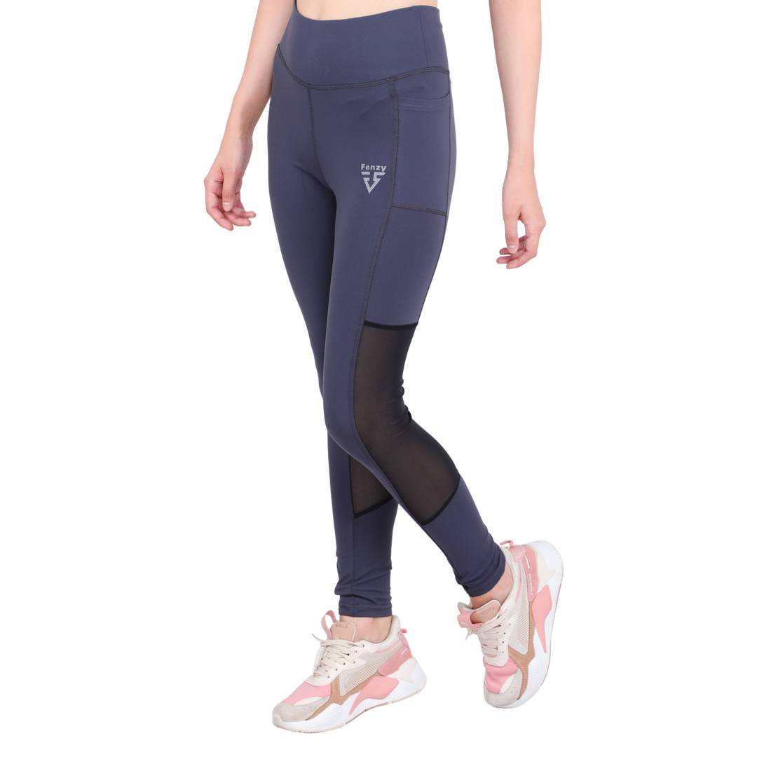 Ankle Length Workout & Active Sports Fitness Tights with Black Net Detailing For Women (Dark Grey & Black)