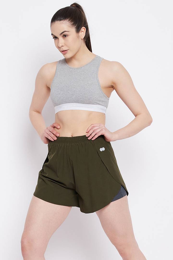 Clovia Elegant Olive Polyester Solid Sports Shorts For Women And Girls