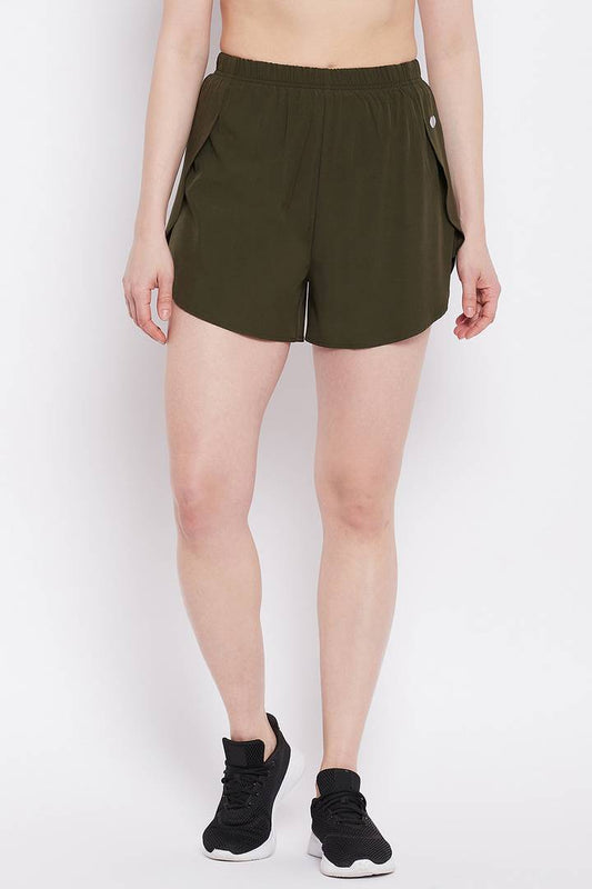 Clovia Elegant Olive Polyester Solid Sports Shorts For Women And Girls